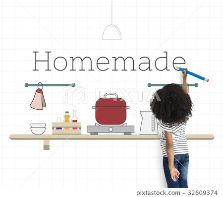 Child with illustration of food cooking kitchen utensil Child with illustration of food cooking kitchen utensil 32609374