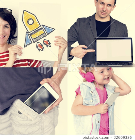 Set of Diverse People with Technology Invention Studio Collage 32609386