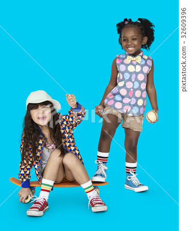Children Girlfriends Smiling Happiness Friendship Togetherness Studio Portrait 32609396