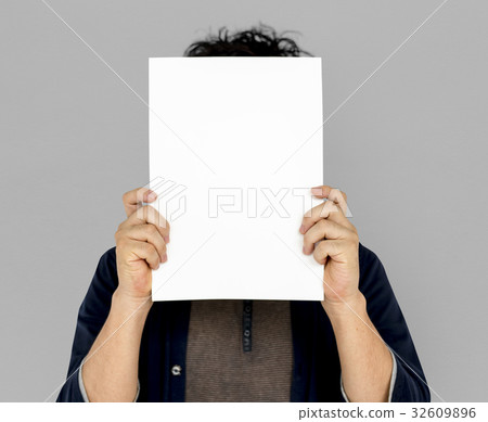 Adult Man Face Coverd Paper Portrait Copy Space 32609896