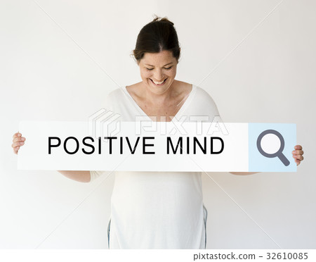 Woman holding banner network graphic overlay 32610085