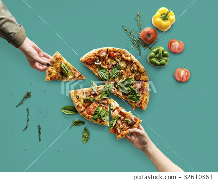 Hands taking slices of italian cuisine pizza Hands taking slices of italian cuisine pizza 32610361