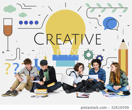Students with Illustration of creativity ideas light bulb Students with Illustration of creativity ideas light bulb 32610599