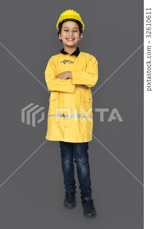 Little Boy in Fireman Costume Studio Portrait Little Boy in Fireman Costume Studio Portrait 32610611