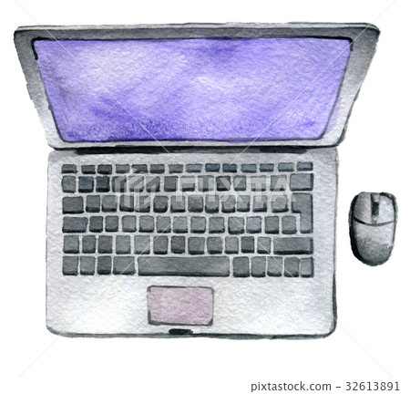 watercolor sketch of laptop with computer mouse 32613891