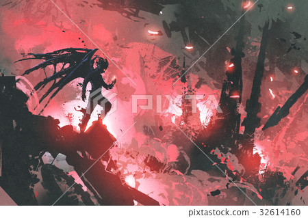 devil standing on ruins of buildings 32614160