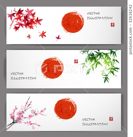 Three banners with sun, maple, bamboo and sakura 32616242