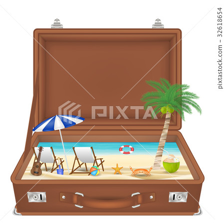 suitcase open with sea and beach scene in side suitcase open with sea and beach scene in side 32618654