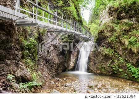 Footbridge and cascade in forest 32621394