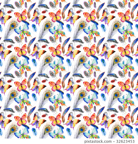 Watercolor bird feather pattern from wing. 32623453
