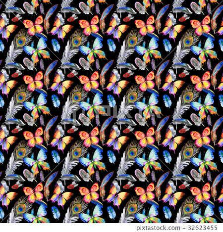 Watercolor bird feather pattern from wing. 32623455