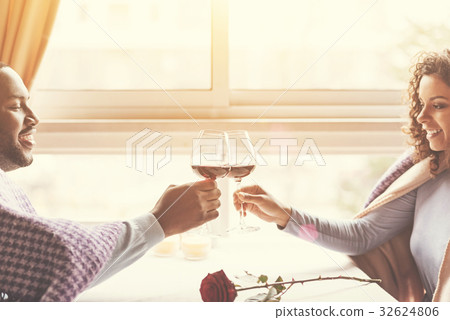 Pleasant delighted couple clinking glasses 32624806