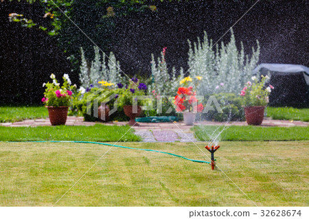 Garden sprinkler watering grass and flowers 32628674