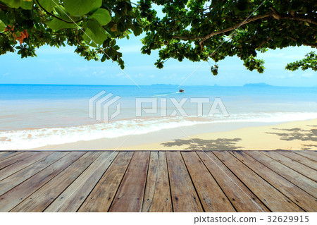 Empty wooden floor on the sea-view background Empty wooden floor on the sea-view background 32629915