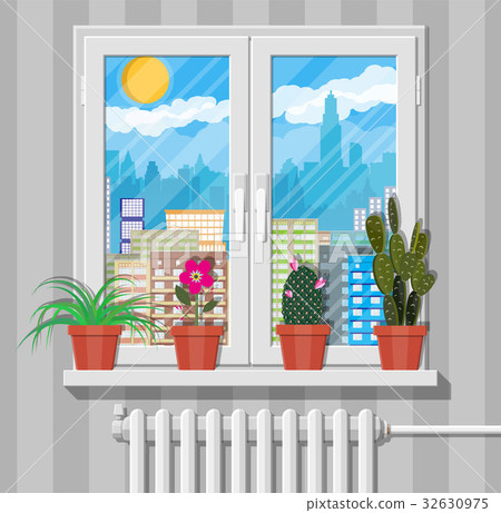 White window with flowers on wall, city skyline 32630975