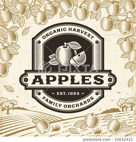 Retro apples label on harvest landscape 32632432