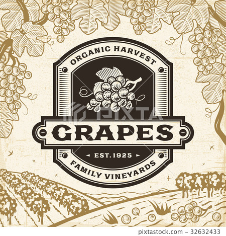 Retro grapes label on harvest landscape Retro grapes label on harvest landscape 32632433