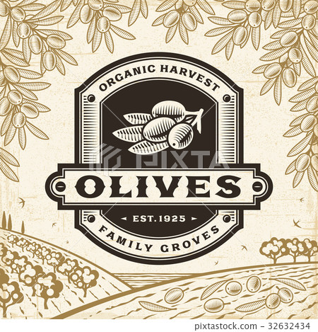 Retro olives label on harvest landscape Retro olives label on harvest landscape 32632434