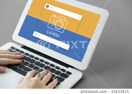 People using computer working with camera icon graphic People using computer working with camera icon graphic 32633615