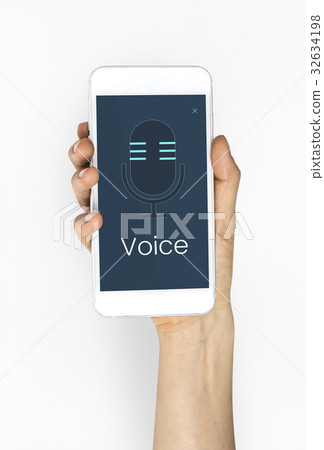 Hands working on digital device network graphic overlay 32634198