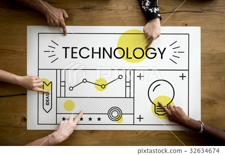 Hands working on billboard network graphic overlay on table 32634674