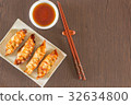 plate of Japanese gyoza, dumplings  with soy sauce 32634800