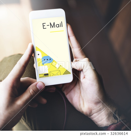 Hands working on Digital device network graphic overlay Hands working on Digital device network graphic overlay 32636614