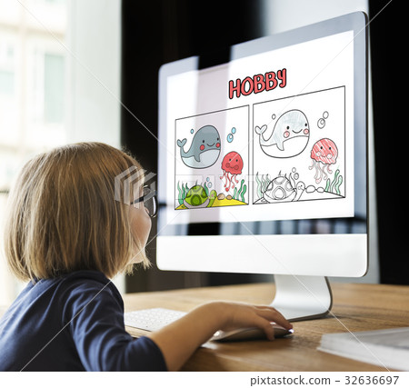 Young girl working on computer network graphic overlay Young girl working on computer network graphic overlay 32636697