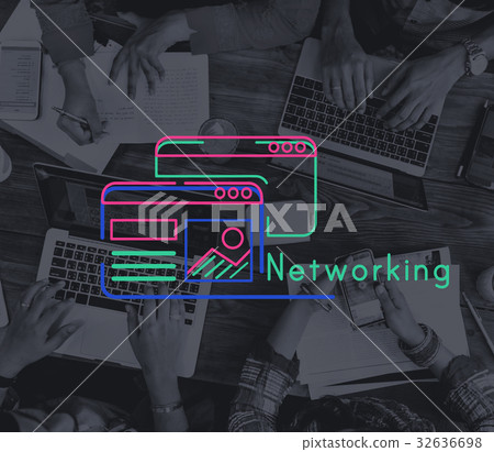 Group of workers working on laptop network graphic Group of workers working on laptop network graphic 32636698