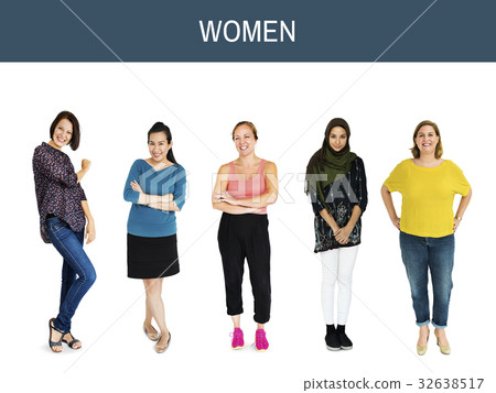 Diverse group of cheerful girls standing in a row 32638517