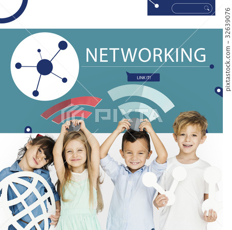 Children connected by global network communication technology Children connected by global network communication technology 32639076