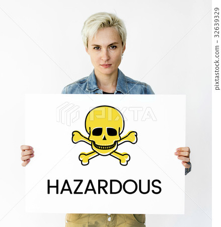 People holding placard with skull icon and chemicals dangerous 32639329