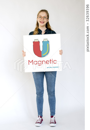 Girl holding banner of horseshoe magnetic field energy illustration 32639396