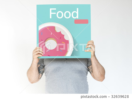 Man holding banner of sweet dessert donut pastry commercial illustration Man holding banner of sweet dessert donut pastry commercial illustration 32639628