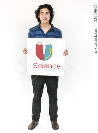 Man holding banner of horseshoe magnetic field energy illustration 32639695