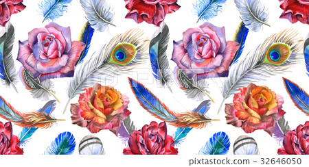 Watercolor bird feather pattern from wing. 32646050