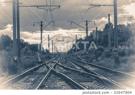 Old vintage photo Landscape Railways On a cloudy Old vintage photo Landscape Railways On a cloudy 32647804
