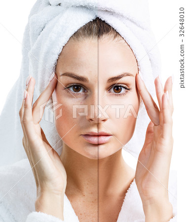 Young woman face before and after retouch. Young woman face before and after retouch. 32648010