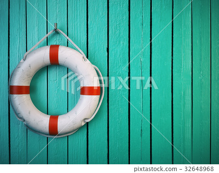 Life belt or rescue ring on wooden wall. Salvation 32648968