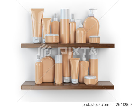 Shelf with cosmetics and toiletries. Shelf with cosmetics and toiletries. 32648969