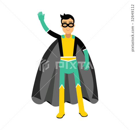 Young masked man in a superhero costume waving his 32649112