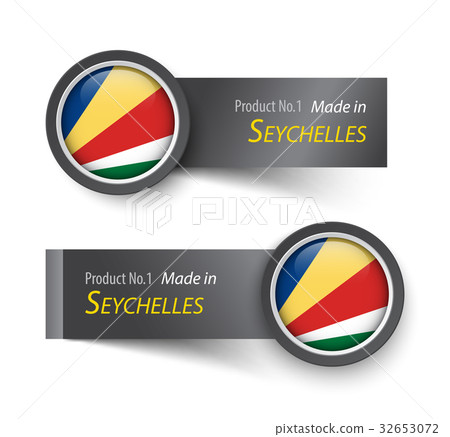 Flag icon and label with text made in Seychelles . Flag icon and label with text made in Seychelles . 32653072