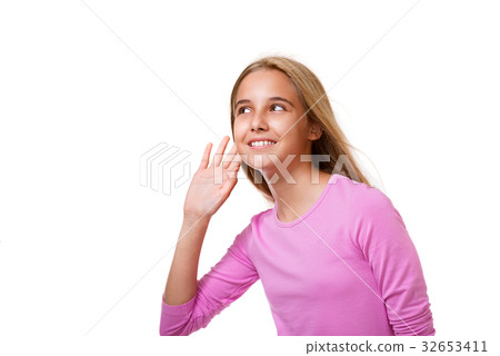 Picture of beautiful young girl listening gossip. Picture of beautiful young girl listening gossip. 32653411