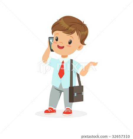 Cute little boy businessman talking on smartphone Cute little boy businessman talking on smartphone 32657310