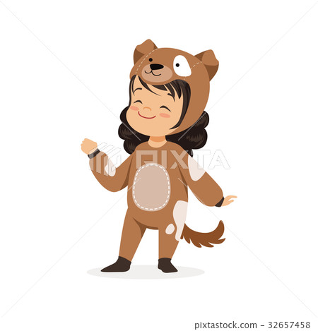Cute happy little girl dressed as a brown puppy Cute happy little girl dressed as a brown puppy 32657458