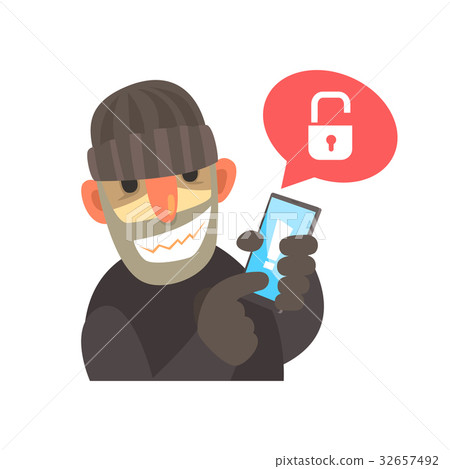 Smiling cartoon hacker holding a hacked smartphone Smiling cartoon hacker holding a hacked smartphone 32657492