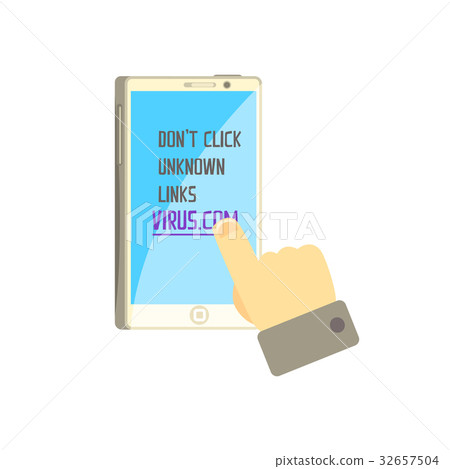Hand touching on warning link on a smartphone Hand touching on warning link on a smartphone 32657504