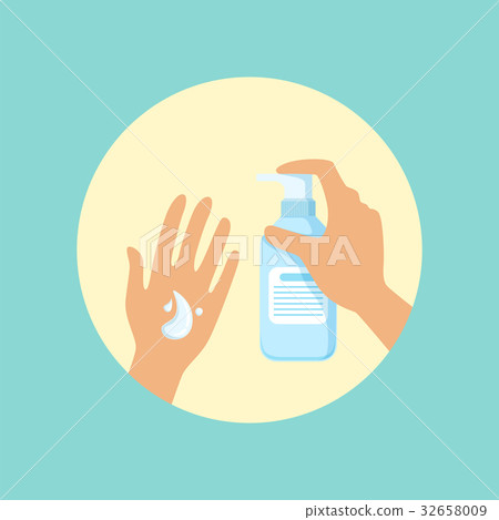 Washing hands with liquid soap round vector 32658009