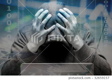 disappointed hacker with computer notebook disappointed hacker with computer notebook 32659157