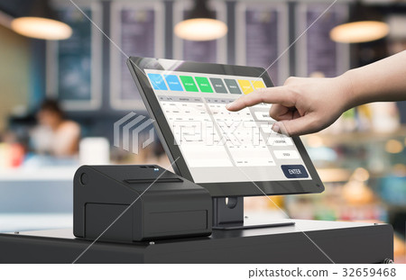 hand working cashier machine hand working cashier machine 32659468